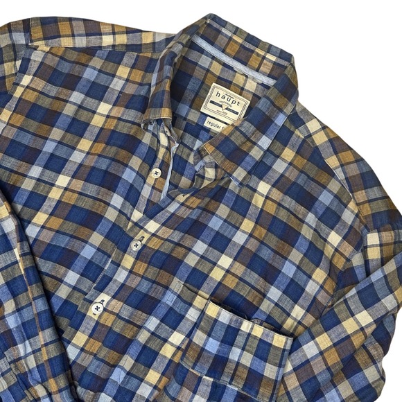 Haupt Other - Haupt Mens‎ L Long Sleeve Shirt Blue Brown Plaid Linen Front Pocket Button Close
